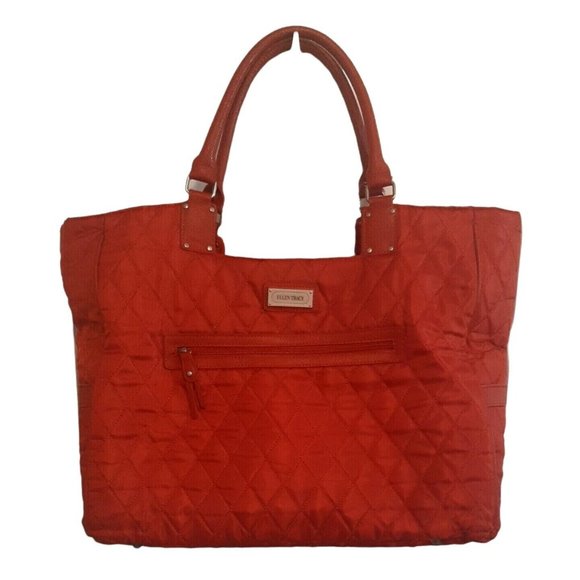 Orange Quilted Ellen Tracy Tote Bag Satchel Carry On Travel Case Weekender - Picture 1 of 12